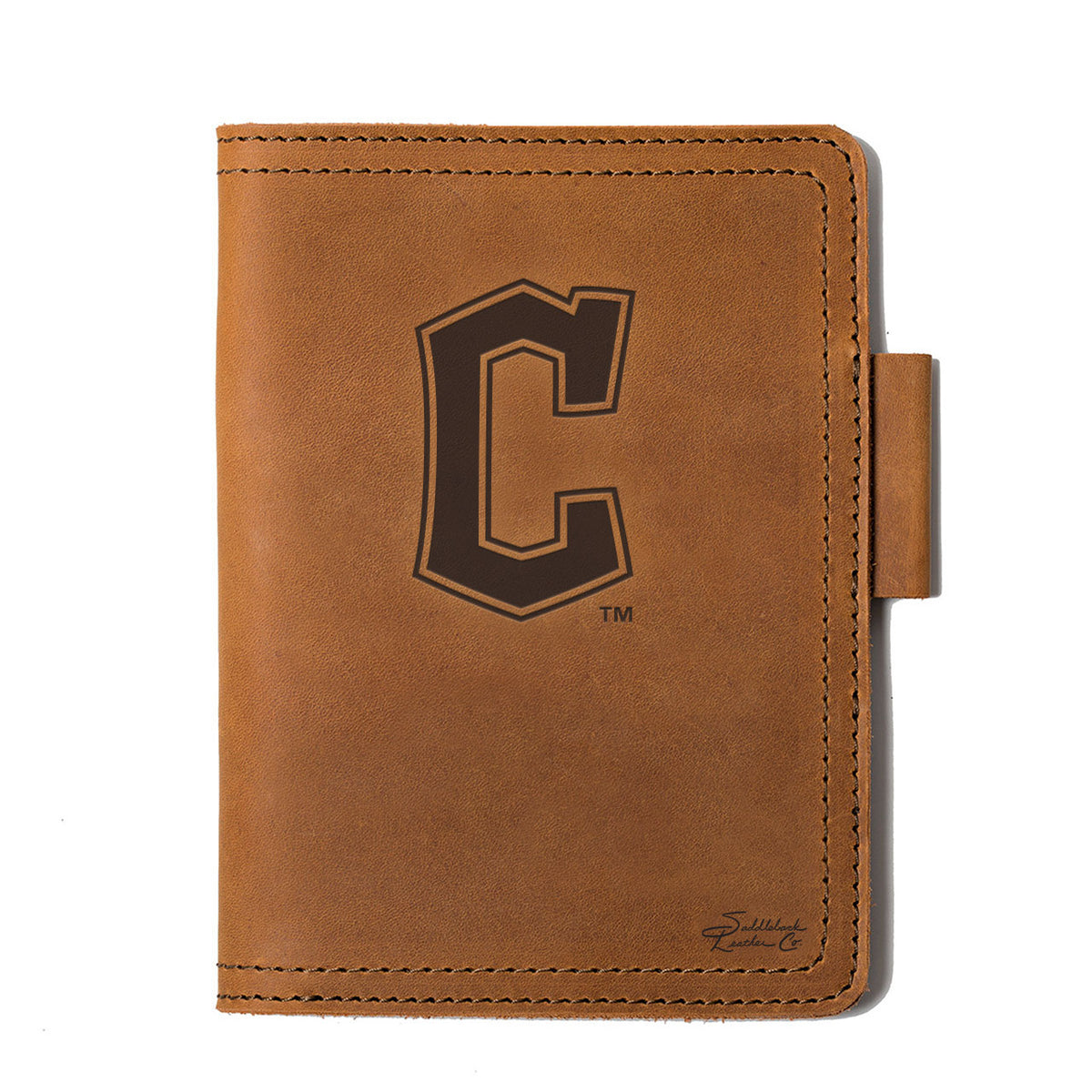 Leather Journal Cover - Cleveland Guardians in Tobacco, front cover with embossed Guardians C logo and pen loop