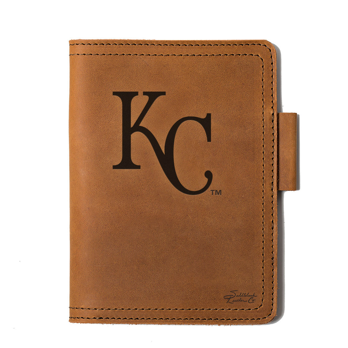 Leather Journal Cover - Kansas City Royals in Tobacco, front cover with embossed Royals KC logo and pen loop