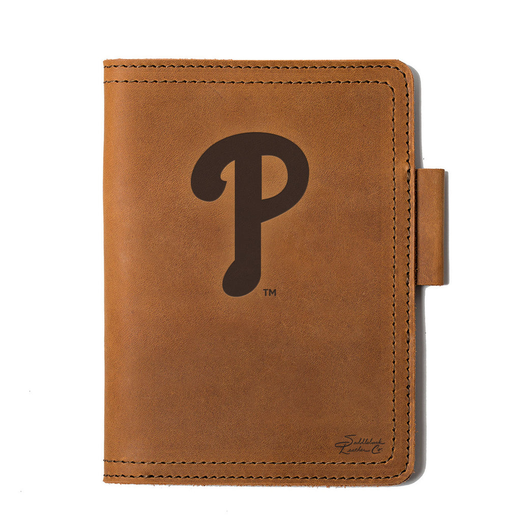 Leather Journal Cover - Philadelphia Phillies in Tobacco, front cover with embossed Phillies P logo and pen loop