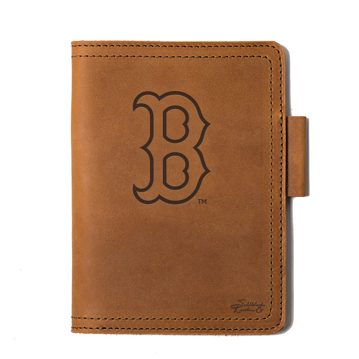 Leather Journal Cover - Boston Red Sox in Tobacco, front cover with embossed Red Sox B logo and pen loop
