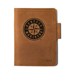 Leather Journal Cover - Seattle Mariners in Tobacco, front cover with embossed Mariners compass logo and pen loop