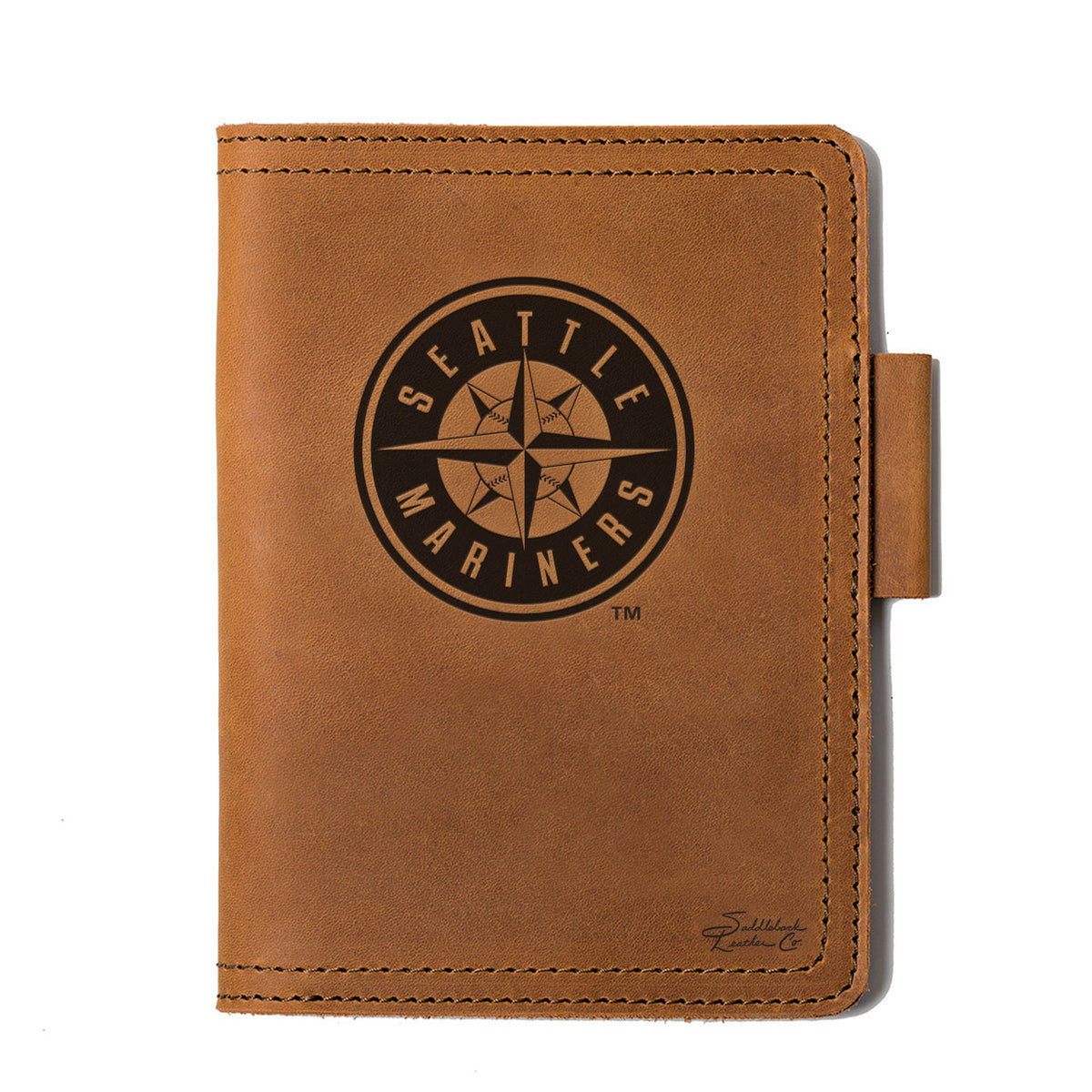 Leather Journal Cover - Seattle Mariners in Tobacco, front cover with embossed Mariners compass logo and pen loop