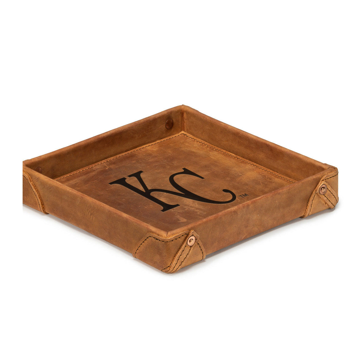 Kansas City Royals Leather Valet Tray in Tobacco with riveted corners and embossed KC logo