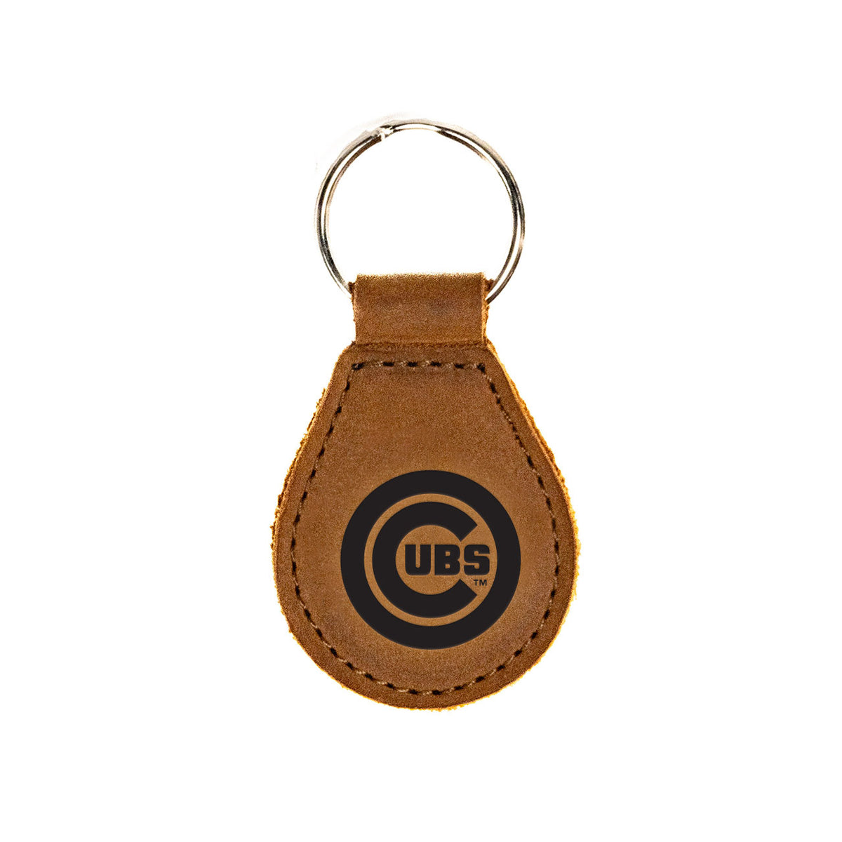 Chicago Cubs Leather Keychain in Tobacco with bullseye logo and silver key ring, front view
