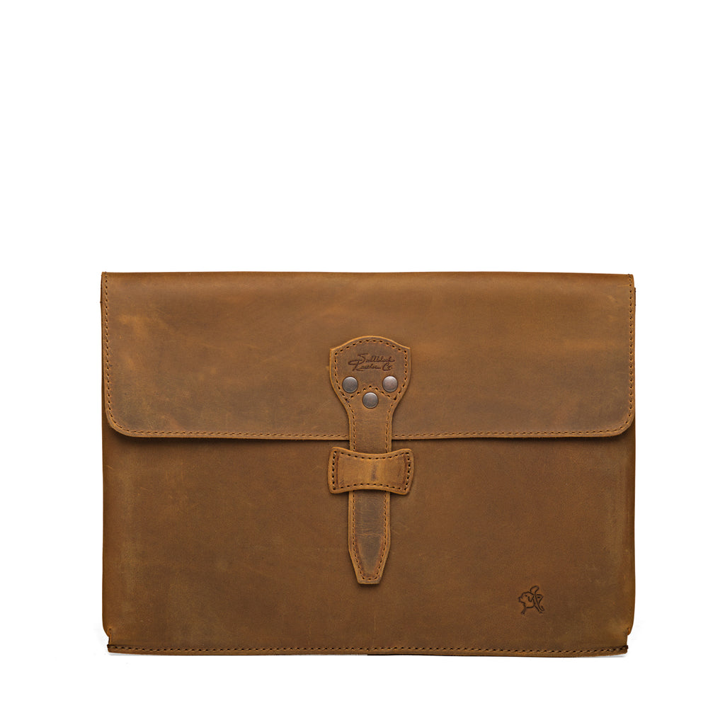 16" Document Holder in Tobacco, flat front view showing the riveted strap closure