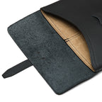 14" Document Holder in Black, close-up of open flap showing suede underside and tan interior pocket