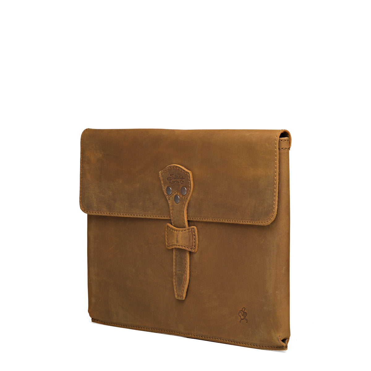 16" Document Holder in Tobacco, standing upright at an angle with riveted strap closure