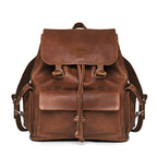 Large Travel Backpack in Burnt Sausage, front view with flap, drawstring, front and side pockets