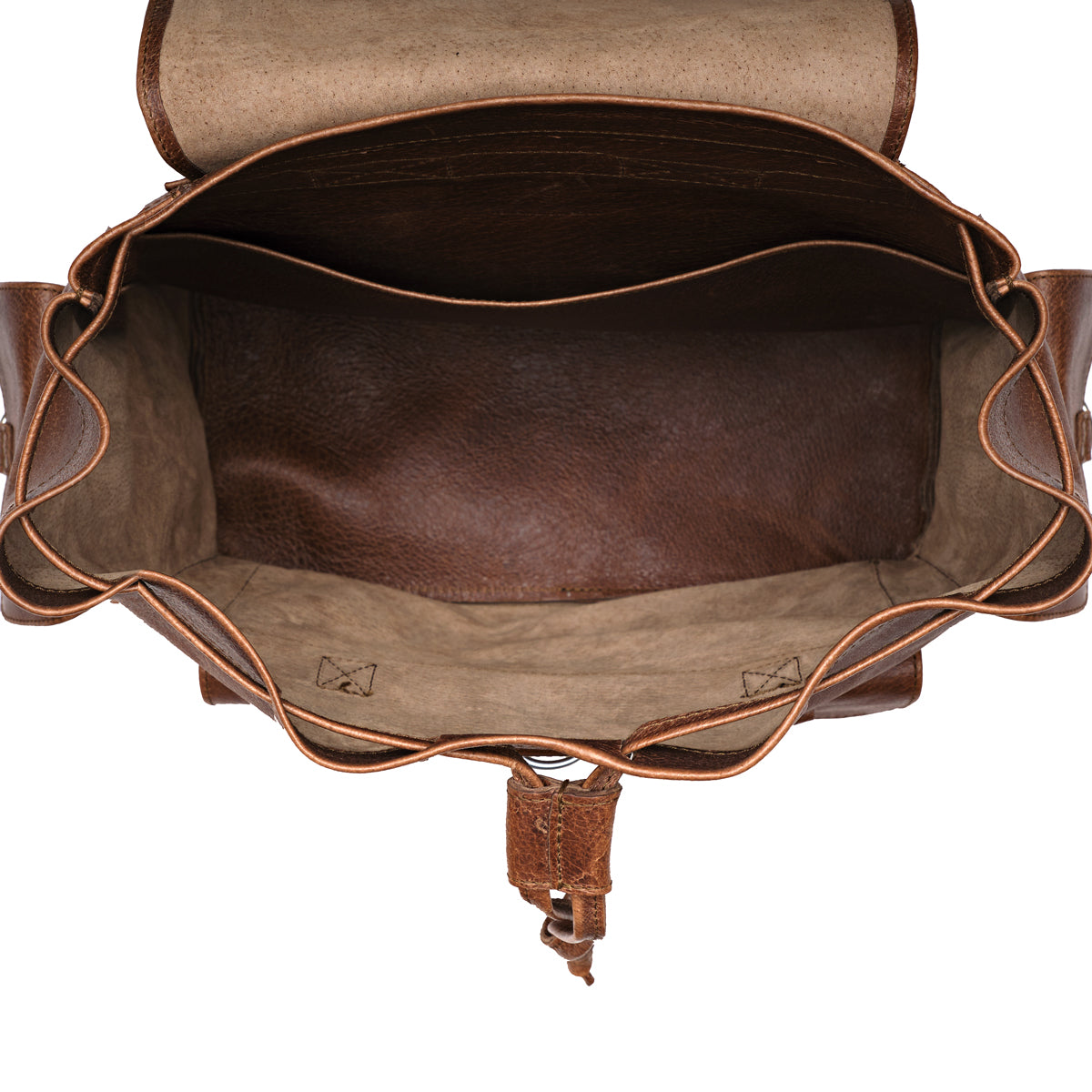 Large Travel Backpack in Burnt Sausage, top view open and empty showing the interior and drawstring