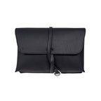 Large Leather Organizer Bag in Black, closed flap with wrapped leather tie and ring, front view