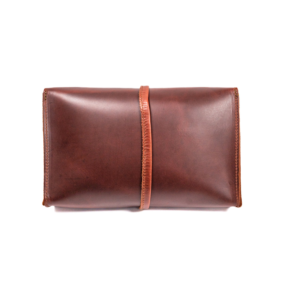 Large Leather Organizer Bag in Chestnut, back view with leather tie wrapped around