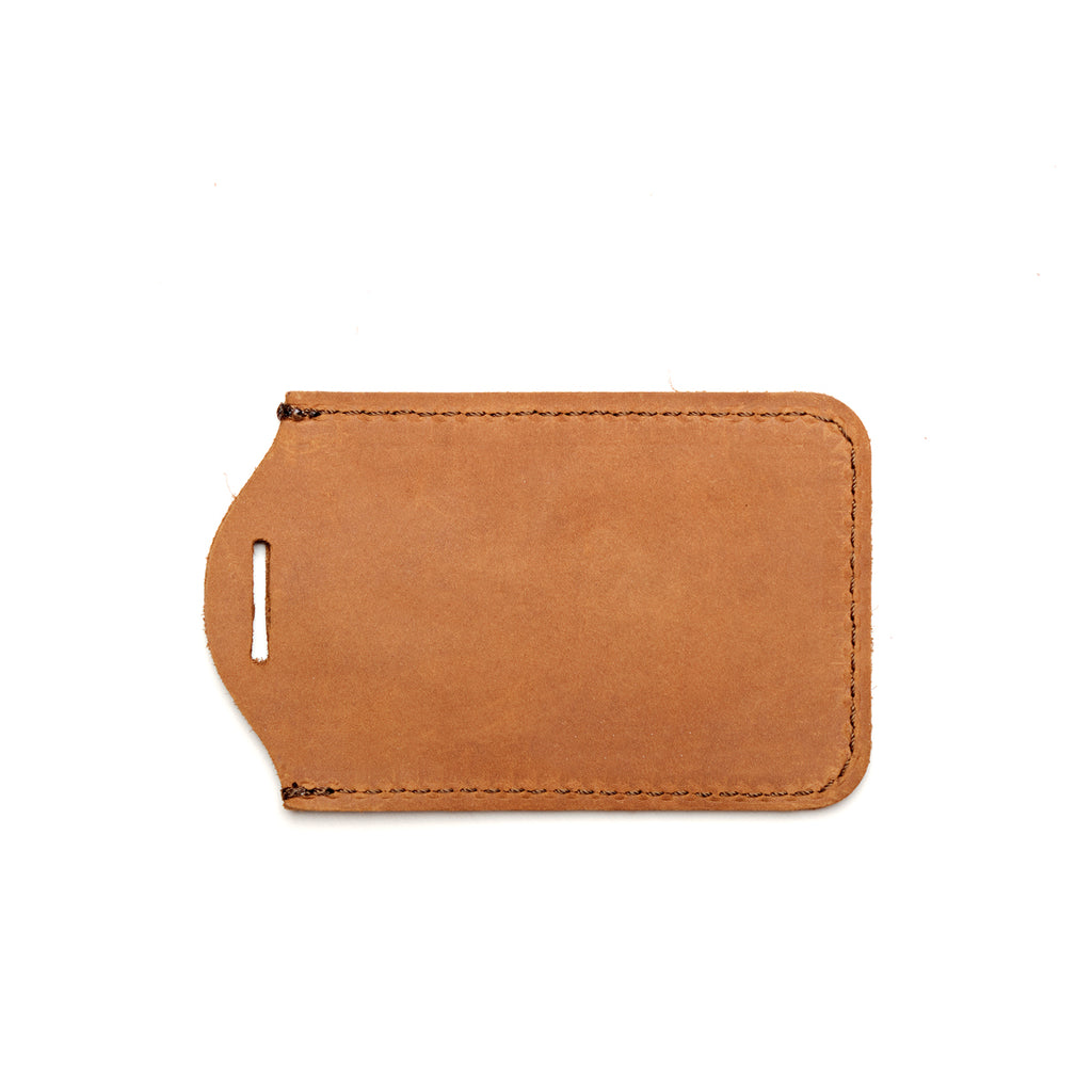 Lanyard & ID Holder in Tan, back view of ID badge holder with lanyard slot and stitched edges