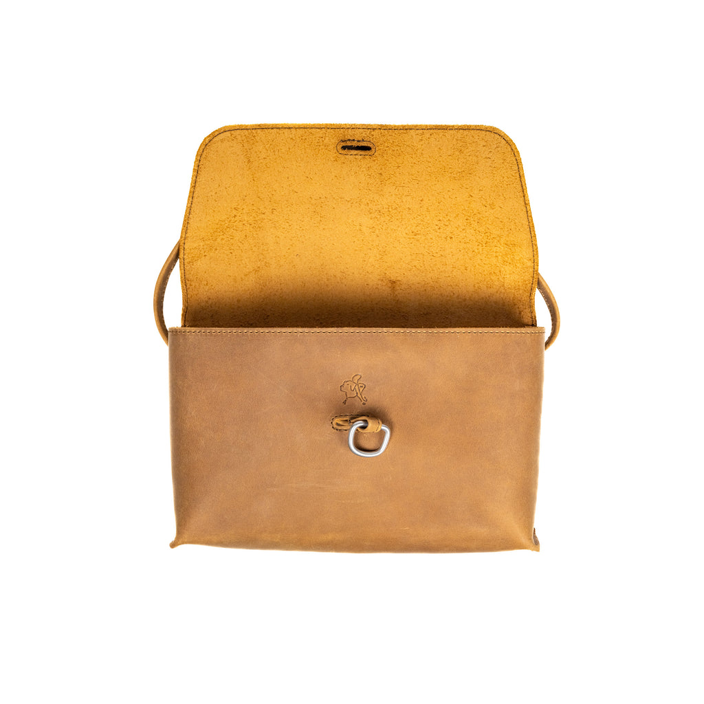 Auto Organizer Set wide leather organizer bag in Tobacco, front view with flap open and metal ring on the front