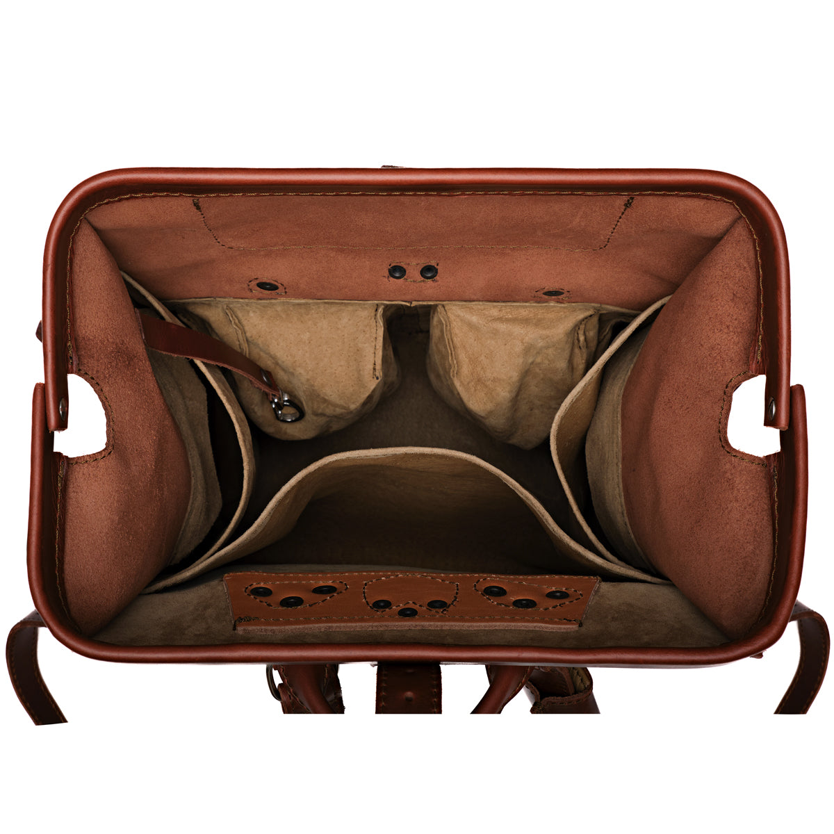 Big Mouth Leather Backpack in Chestnut, top view of the wide-open mouth showing interior pockets