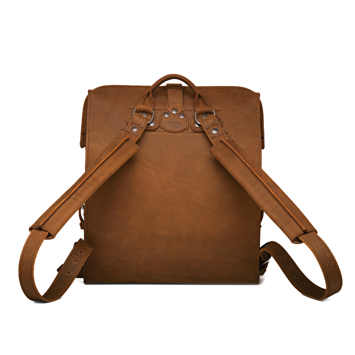 Big Mouth Leather Backpack in Tobacco, back view with shoulder straps and top handle