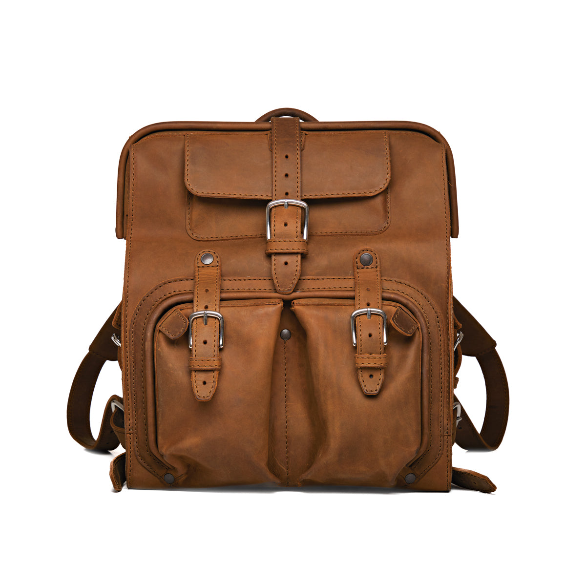 Big Mouth Leather Backpack in Tobacco, front view with buckled pockets and top handle