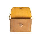 Large Leather Organizer Bag in Tobacco, flap open showing suede underside and metal ring on the front