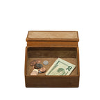 Small Organizer Box in Tobacco, open lid showing suede lining with coins and folded cash inside