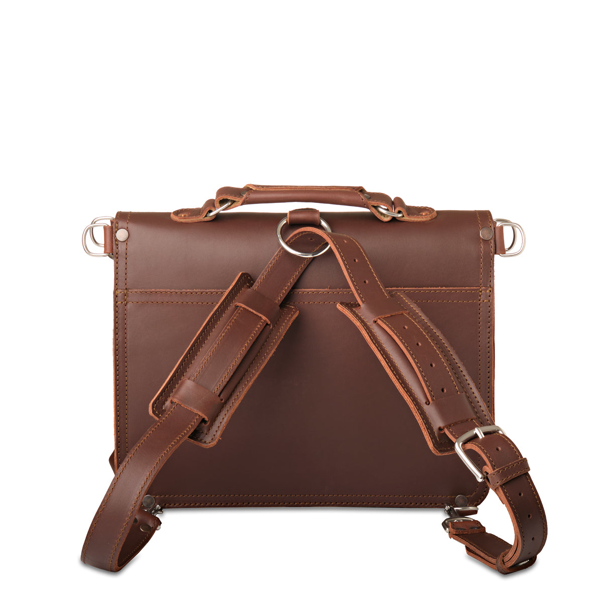 Thin Front Pocket Leather Briefcase in Chestnut, back view with backpack straps attached