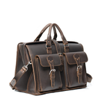 Barrister's Briefcase in Dark Coffee Brown, angled front view with top handles, two buckled front pockets and shoulder strap