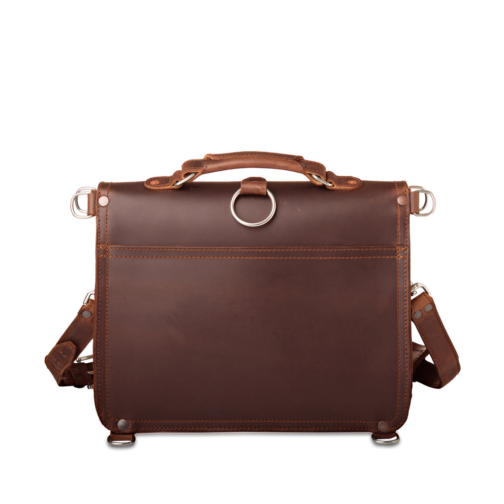 Thin Front Pocket Leather Briefcase in Chestnut, back view with top handle and luggage handle pass-through