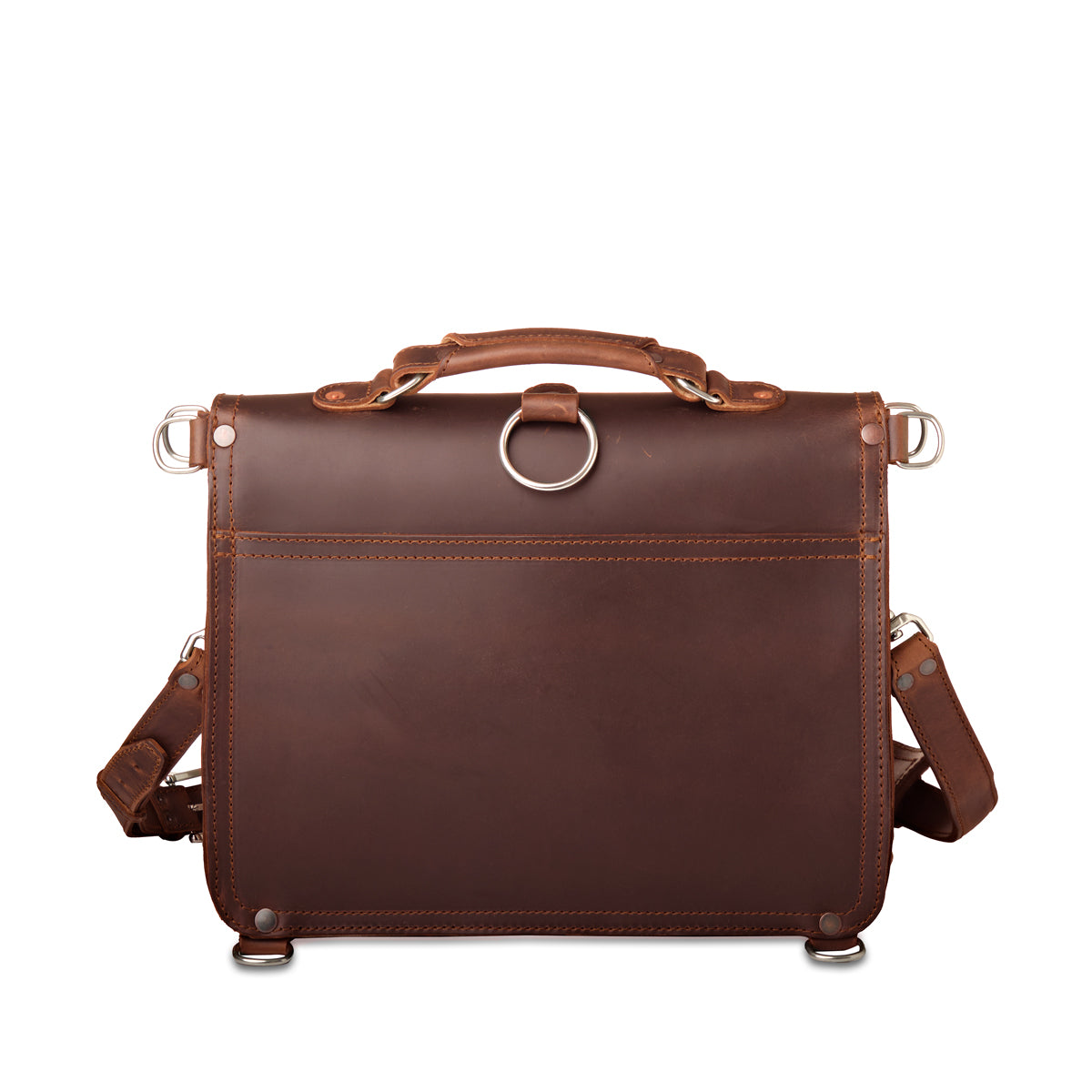Thin Front Pocket Leather Briefcase in Chestnut, back view with top handle and luggage handle pass-through