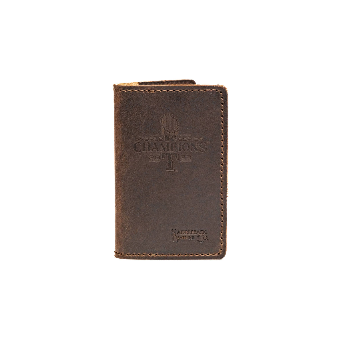 Leather Business Card Holder - Texas Rangers World Series in Dark Coffee Brown, engraved World Series Champions logo