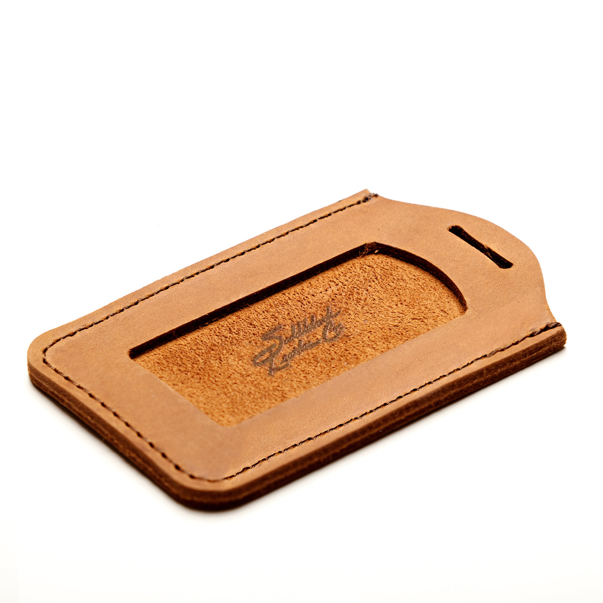 Lanyard & ID Holder in Tan, angled view of ID badge holder with embossed suede window panel