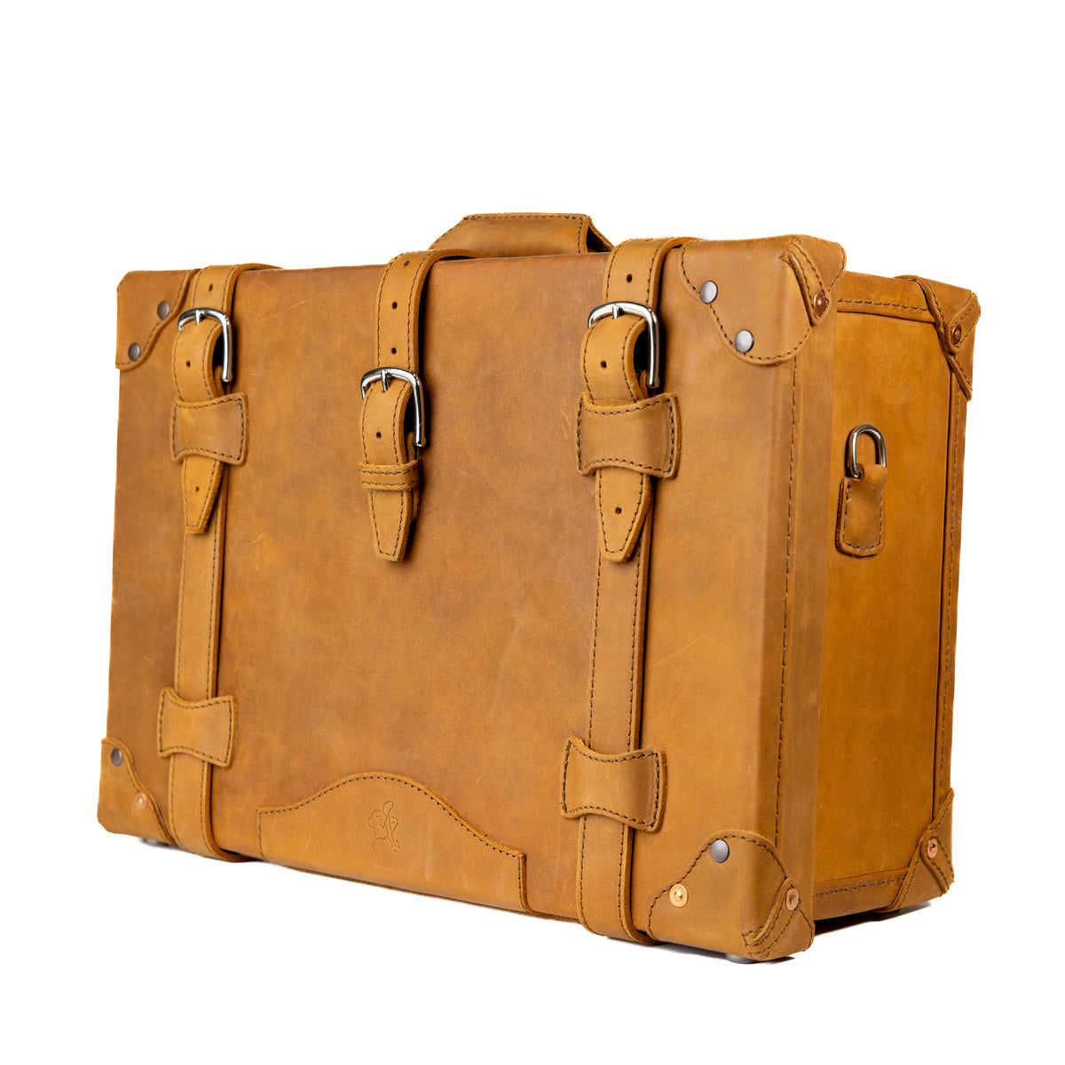 Grandfather Carry On in Tobacco, angled front view with buckle straps and side strap ring