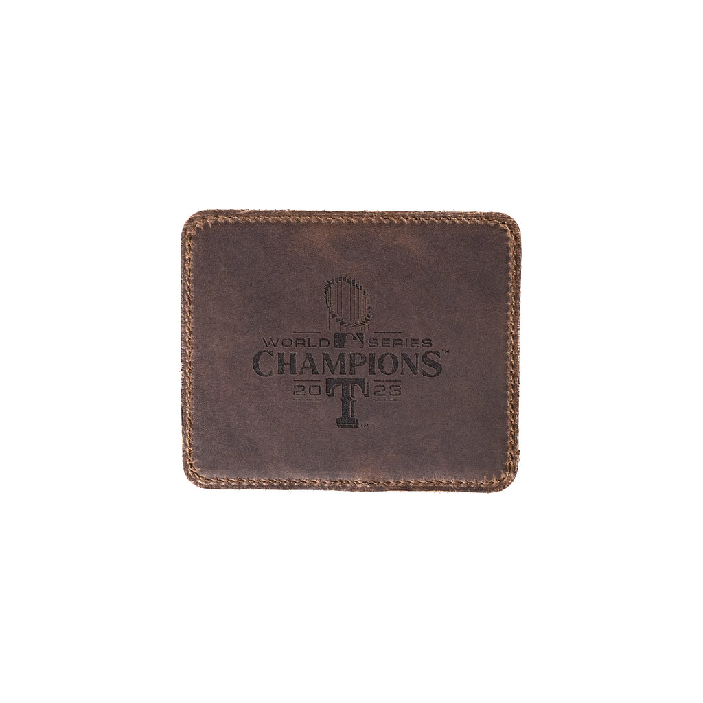 Leather Coaster Set - Texas Rangers World Series in Dark Coffee Brown, single coaster engraved World Series Champions 2023