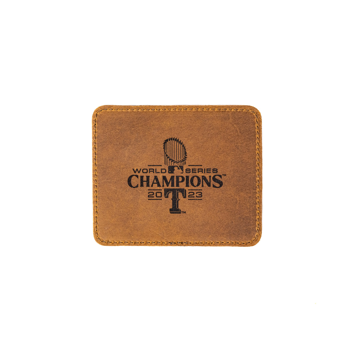 Leather Coaster Set - Texas Rangers World Series in Tobacco, single coaster engraved World Series Champions 2023