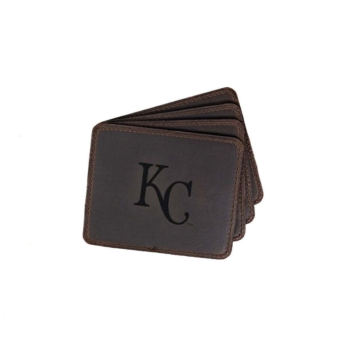 Kansas City Royals Leather Coaster Set in Dark Coffee Brown, four fanned coasters with embossed KC logo