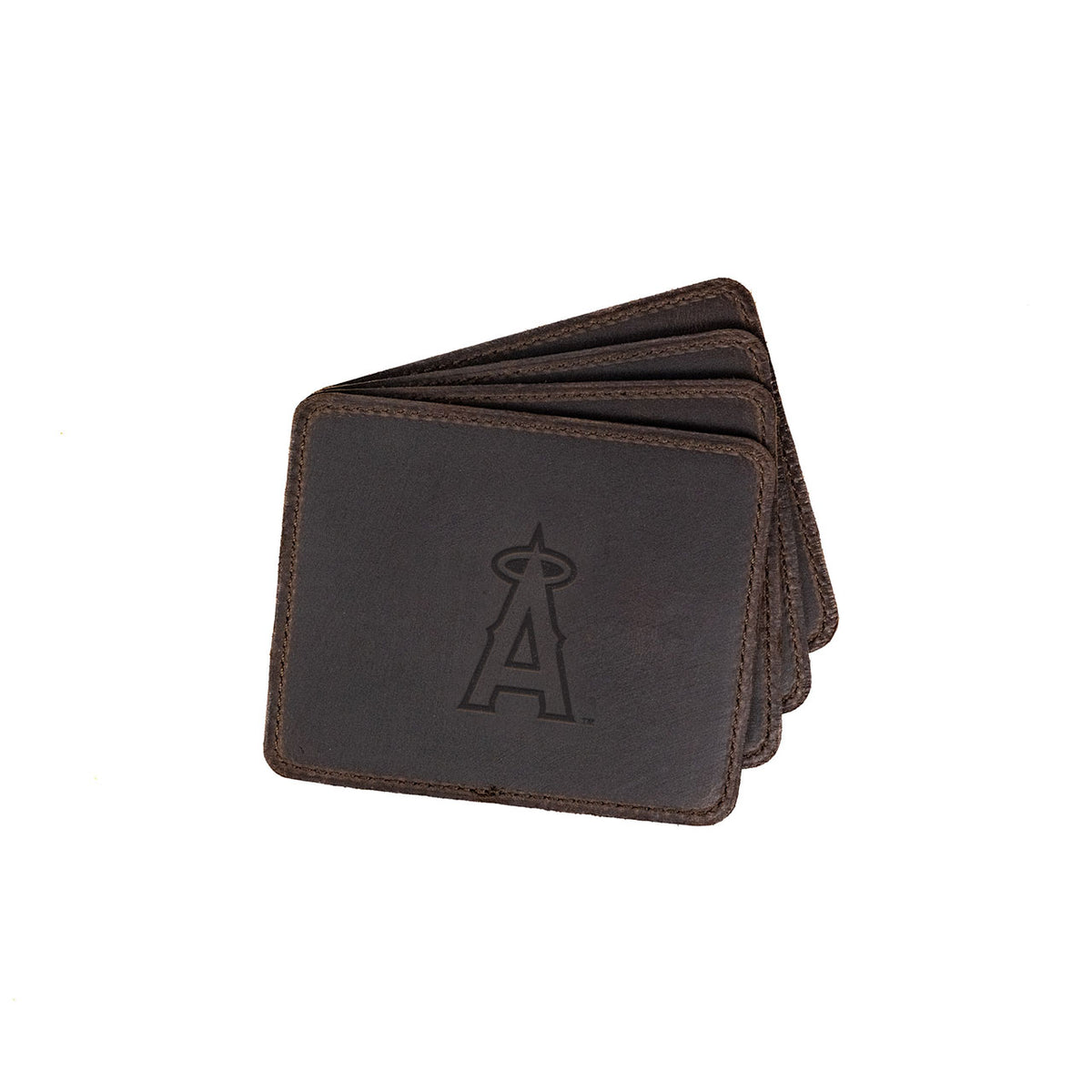 Los Angeles Angels of Anaheim Leather Coaster Set in Dark Coffee Brown, four fanned coasters with embossed halo A logo
