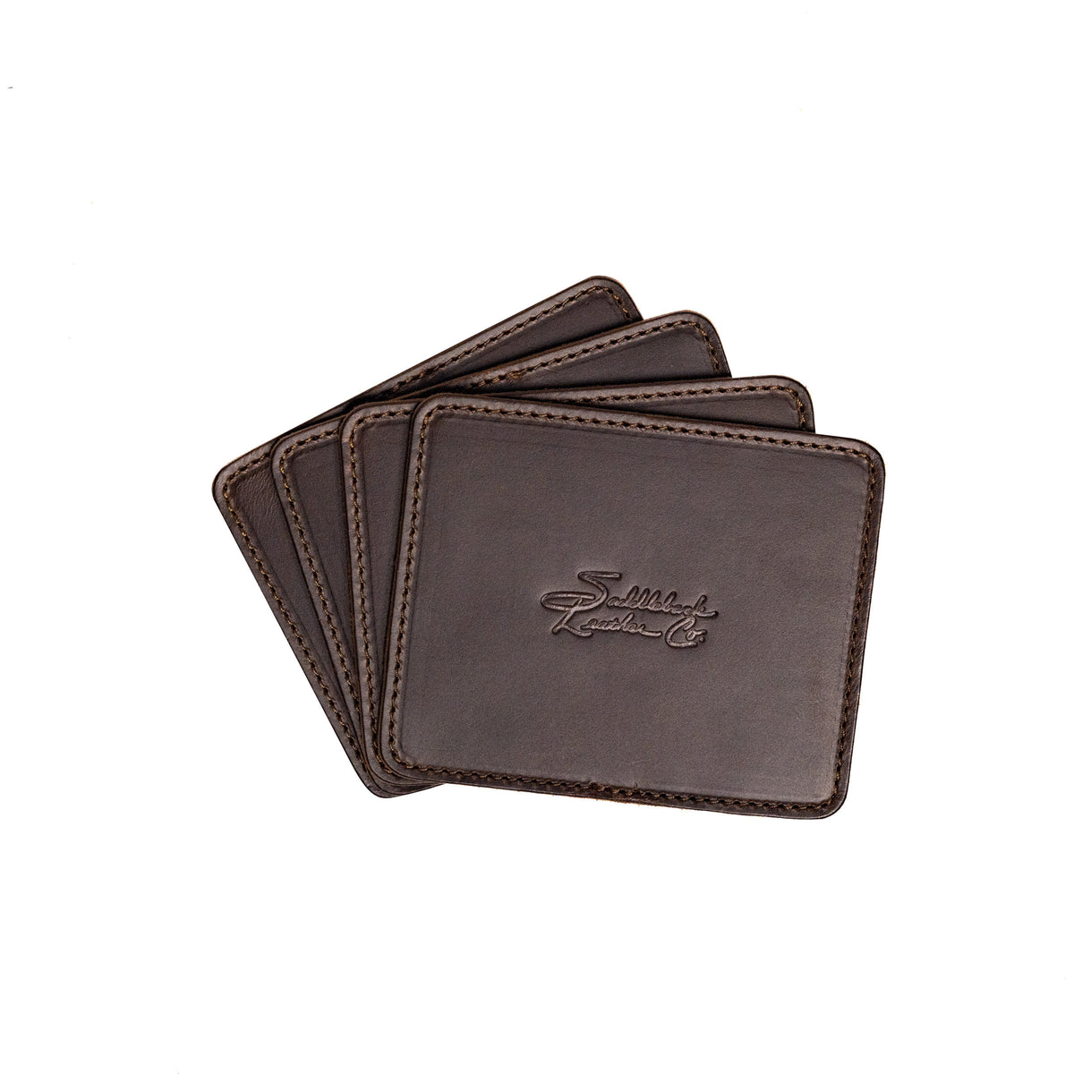 Leather Coaster Set in Dark Coffee Brown, four fanned coasters with embossed Saddleback logo