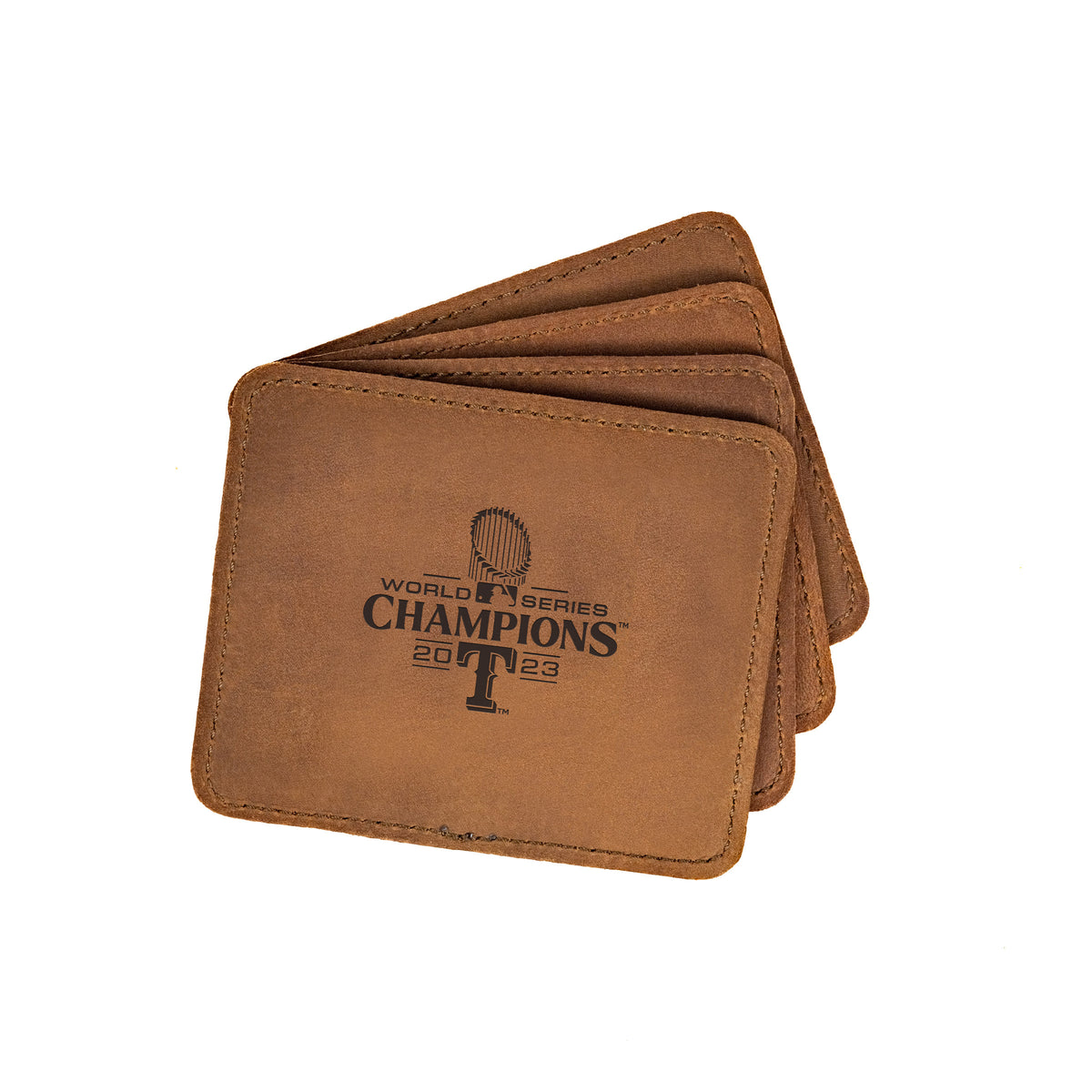 Leather Coaster Set - Texas Rangers World Series in Tobacco, fanned coasters engraved World Series Champions 2023