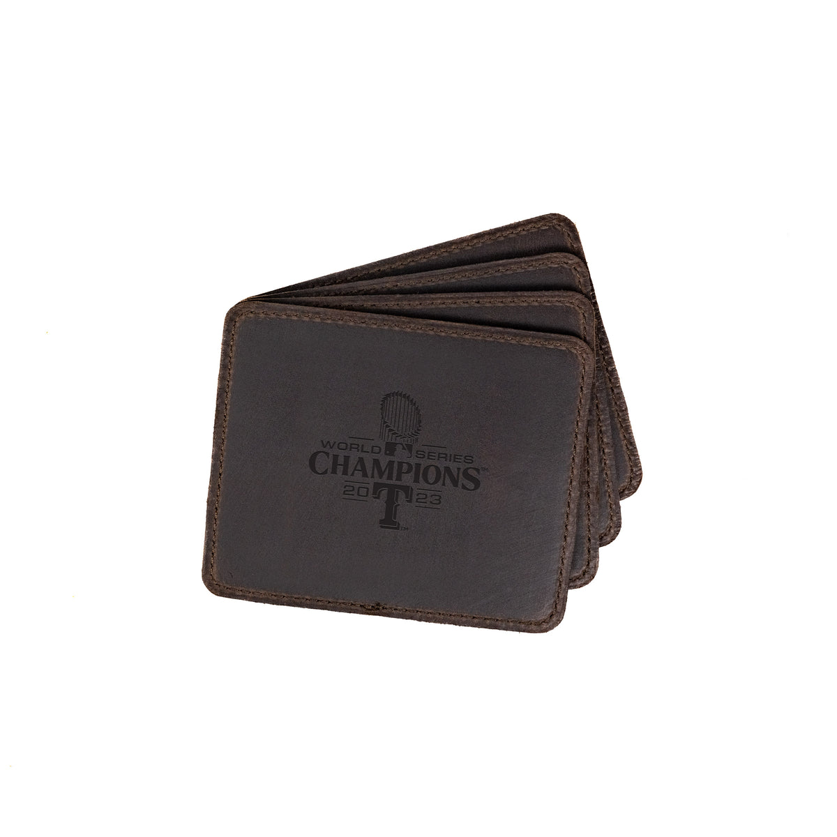 Leather Coaster Set - Texas Rangers World Series in Dark Coffee Brown, fanned coasters engraved World Series Champions