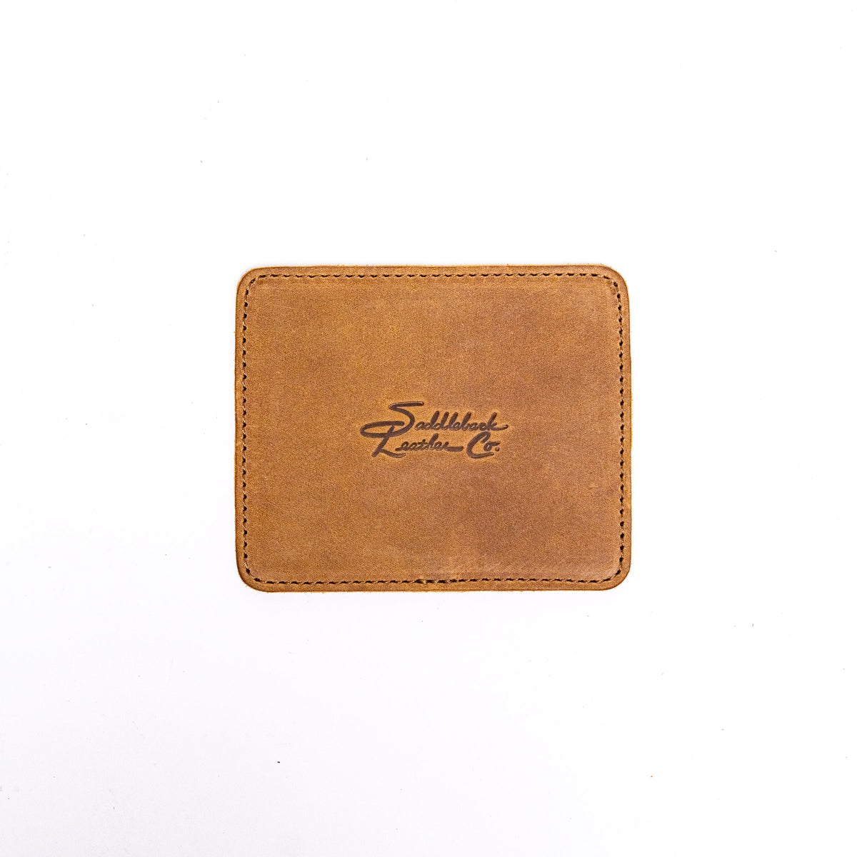 Leather Coaster Set in Tobacco, single square coaster with embossed Saddleback logo, top view
