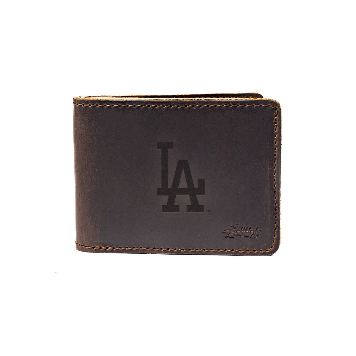 Leather Bifold Wallet in Dark Coffee Brown with embossed Los Angeles Dodgers LA logo, closed front view