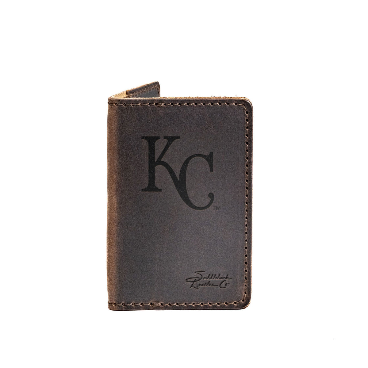 Leather Business Card Holder in Dark Coffee Brown with embossed Kansas City Royals KC logo, closed with a card peeking out