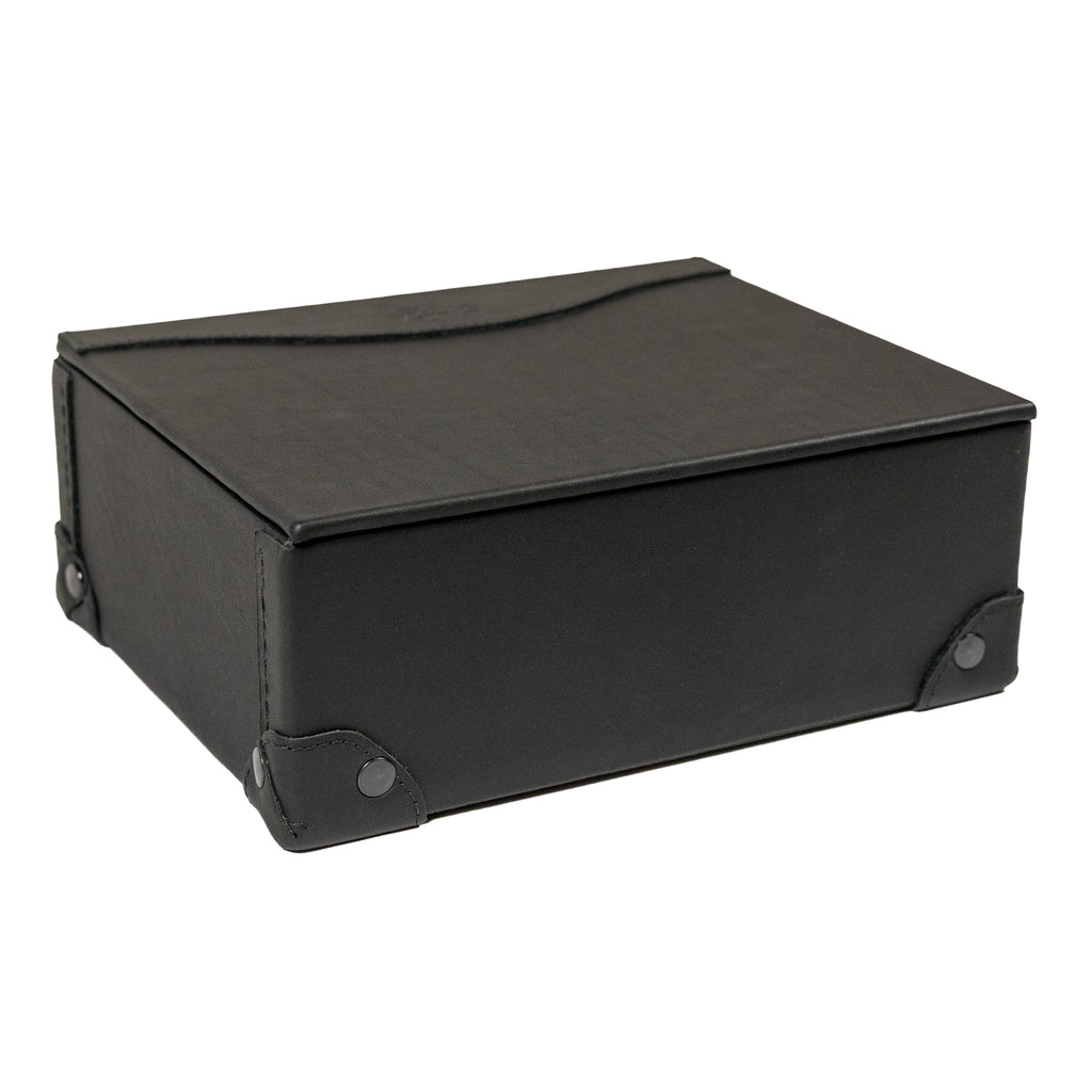 Leather Desk Box in Black, closed, angled view showing riveted leather corner guards