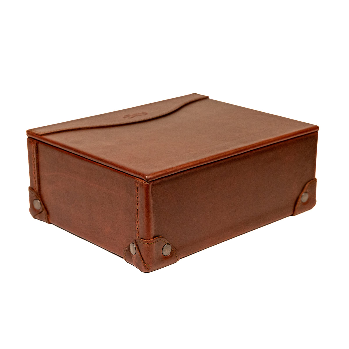 Leather Desk Box in Chestnut, closed, angled view showing riveted leather corner guards