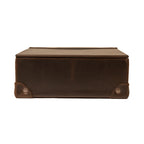 Leather Desk Box in Dark Coffee Brown, closed lid with riveted leather corner guards, front view