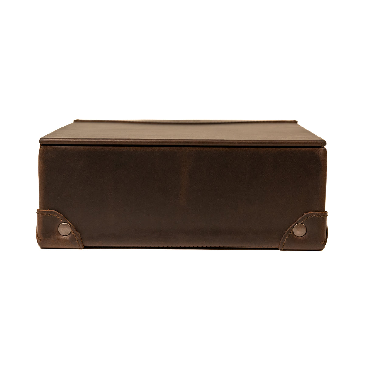 Leather Desk Box in Dark Coffee Brown, closed lid with riveted leather corner guards, front view
