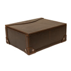 Leather Desk Box in Dark Coffee Brown, closed, angled view showing riveted leather corner guards