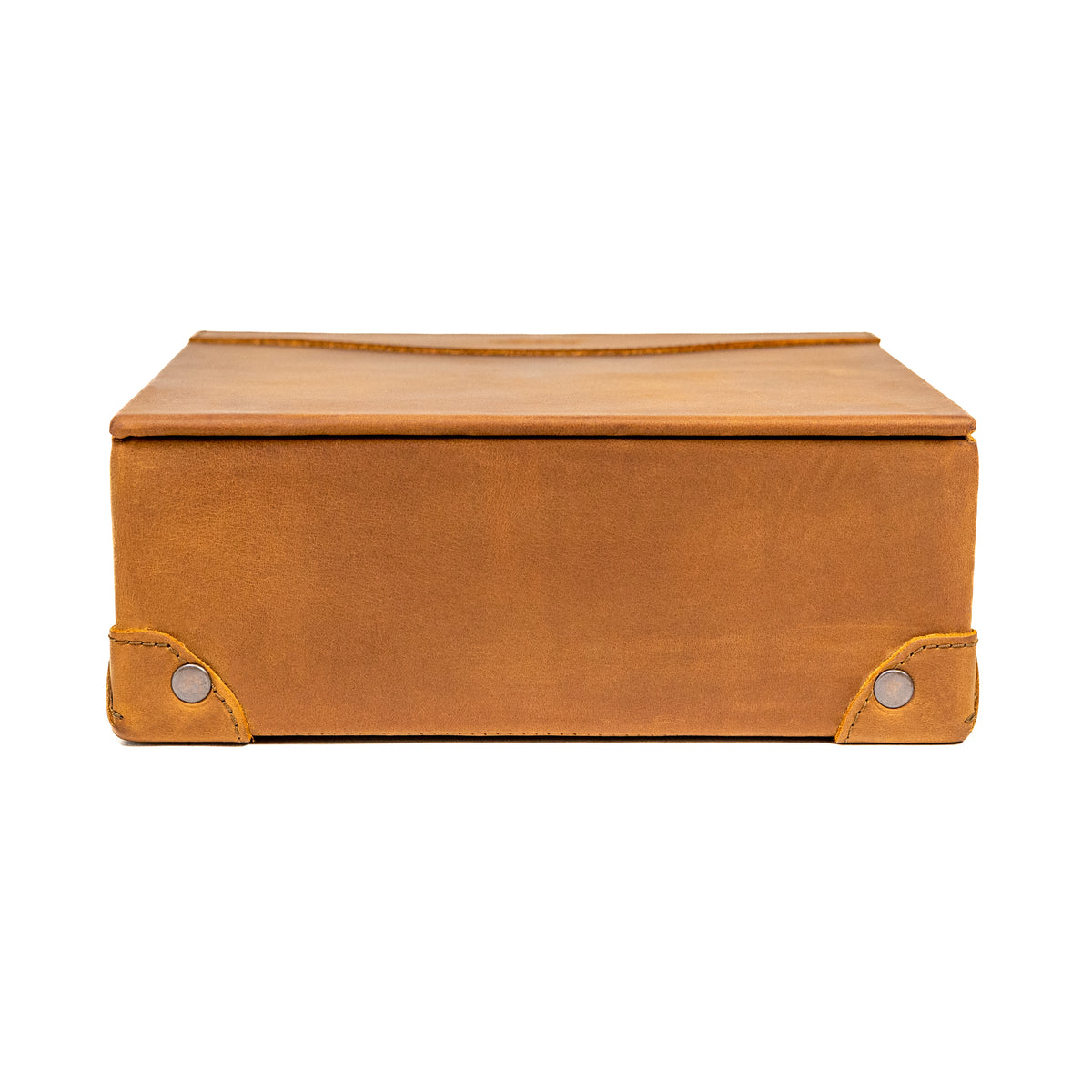 Leather Desk Box in Tobacco, closed lid with riveted leather corner guards, front view