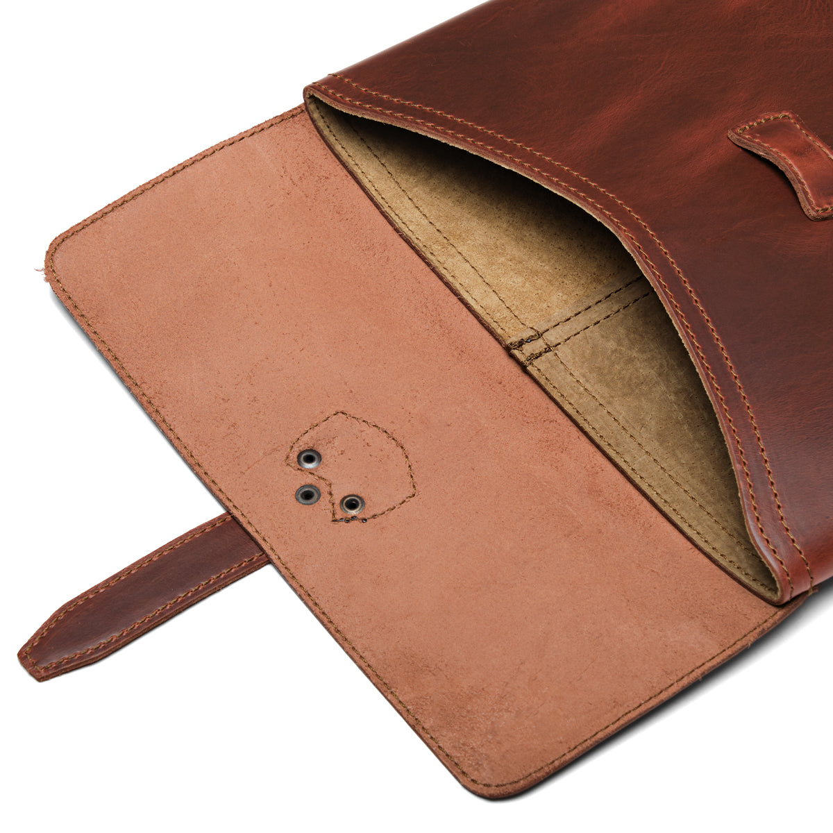 14" Document Holder in Chestnut, close-up of open flap showing interior pocket and riveted tab