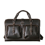 Deep Pocket Leather Duffle Bag in Dark Coffee Brown, front view with two buckled pockets and center strap