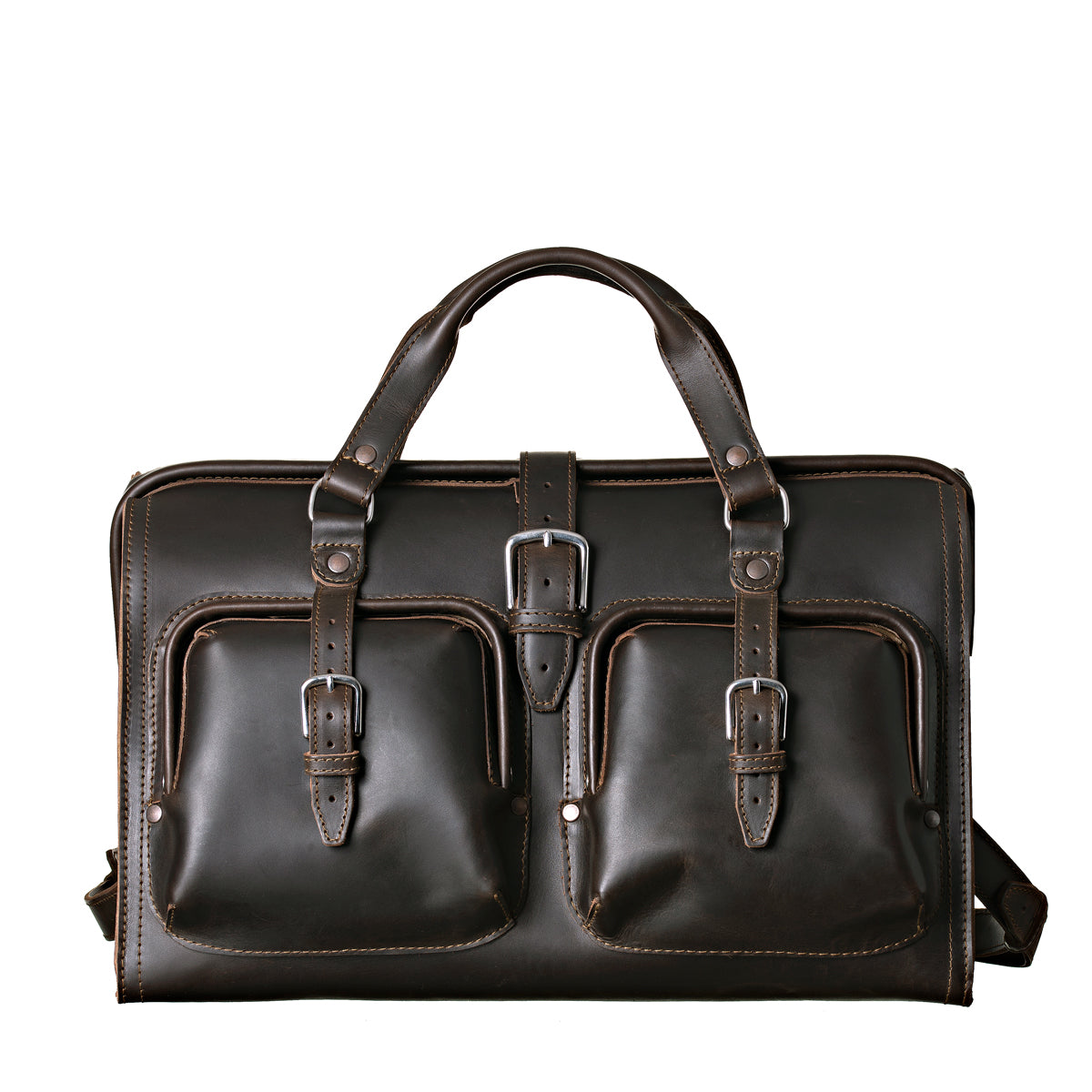 Deep Pocket Leather Duffle Bag in Dark Coffee Brown, front view with two buckled pockets and center strap