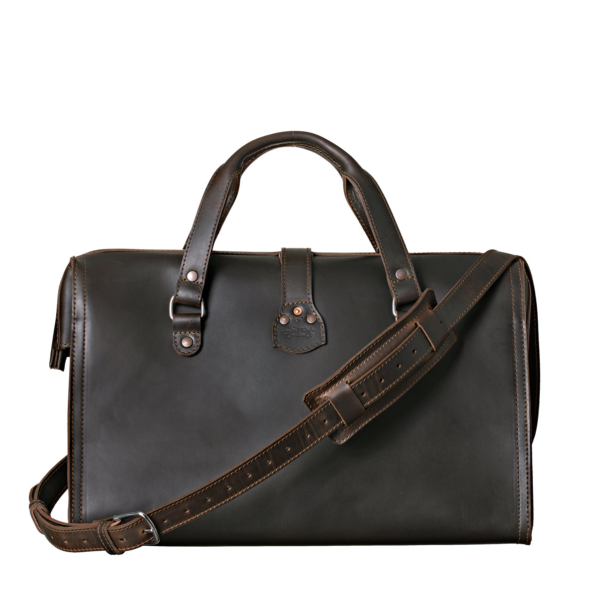 Deep Pocket Leather Duffle Bag in Dark Coffee Brown, back view with handles and shoulder strap draped across