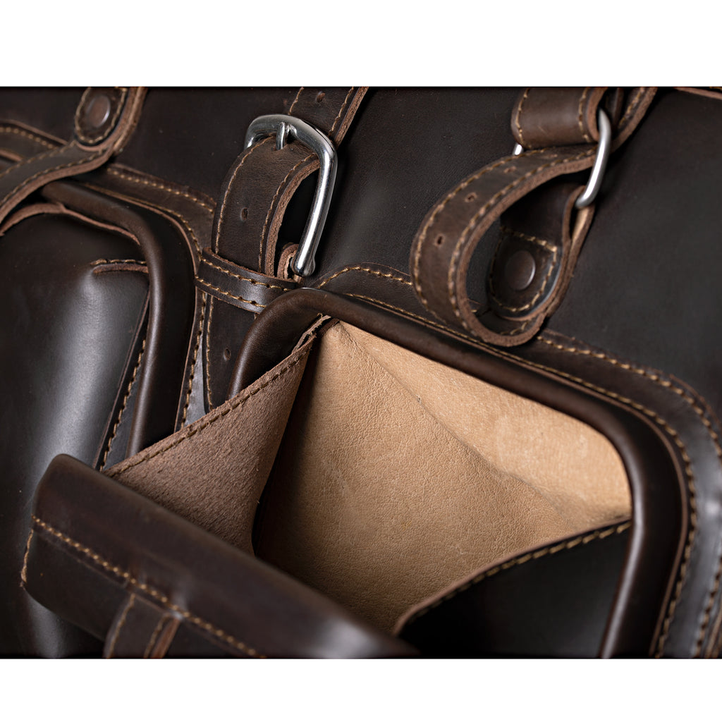 Deep Pocket Leather Duffle Bag in Dark Coffee Brown, close-up of an open front pocket with suede lining